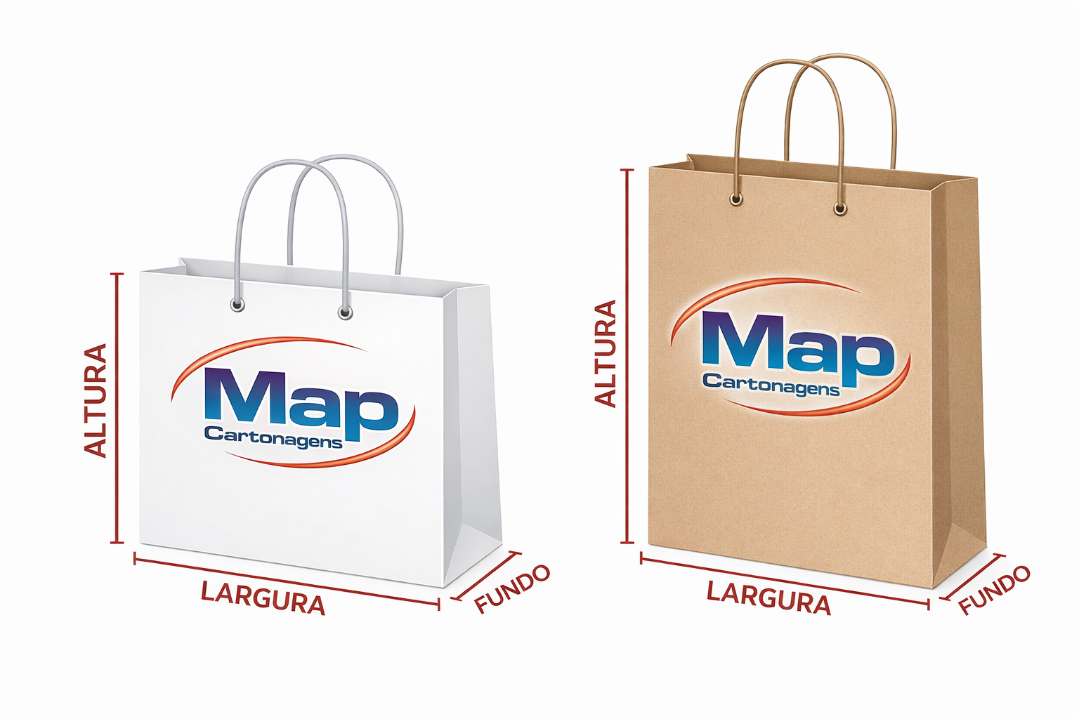Ilustração das medidas de sacola: largura, altura e fundo